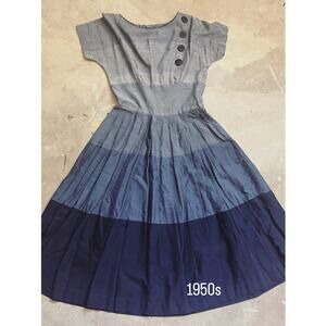 Vintage 50s/60s Dress, Short Sleeve Summer Striped Blue Gray